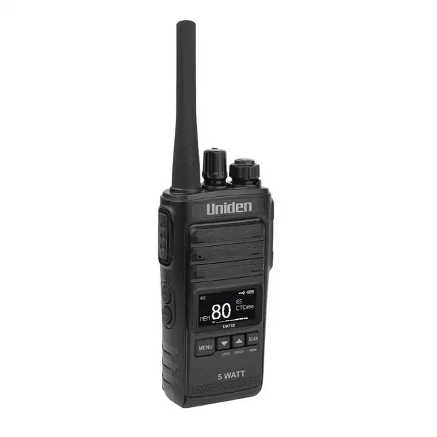 Uniden UH755-2DLX 5 Watt UHF CB Splashproof Handheld Radio – Deluxe Pack