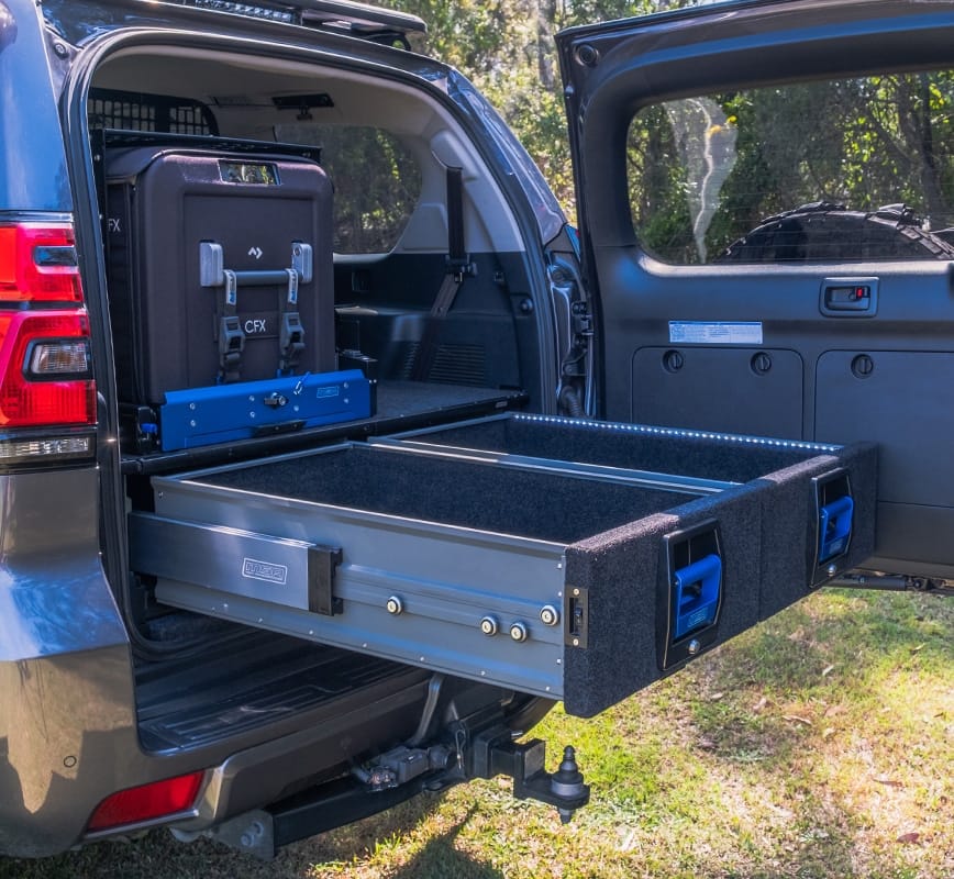 MSA 4X4 Single Right Storage Drawer System fitted in the rear cargo area of a Toyota Landcruiser Prado 250 Series.
