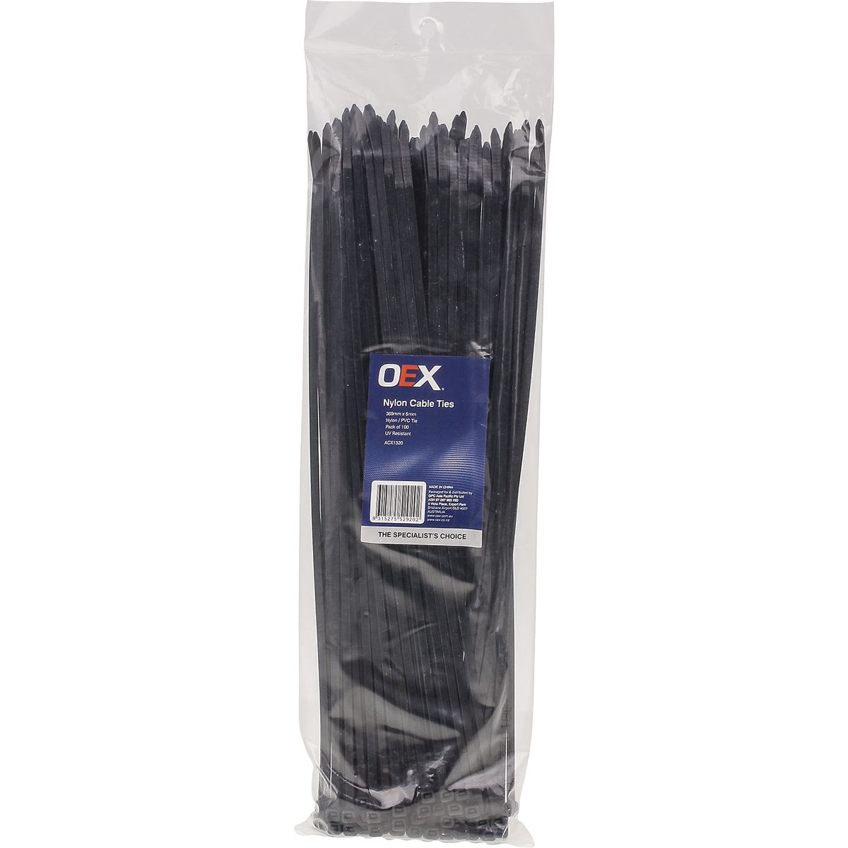 OEX Heavy-Duty Cable Ties – 370mm x 4.8mm – Black Nylon – 100-Pack – ACX1320