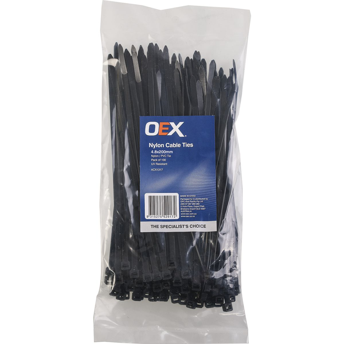 OEX ACX1317 Black Nylon Cable Ties – 100pcs – 4.8mm x 200mm – UV-Proof, Strong Grip