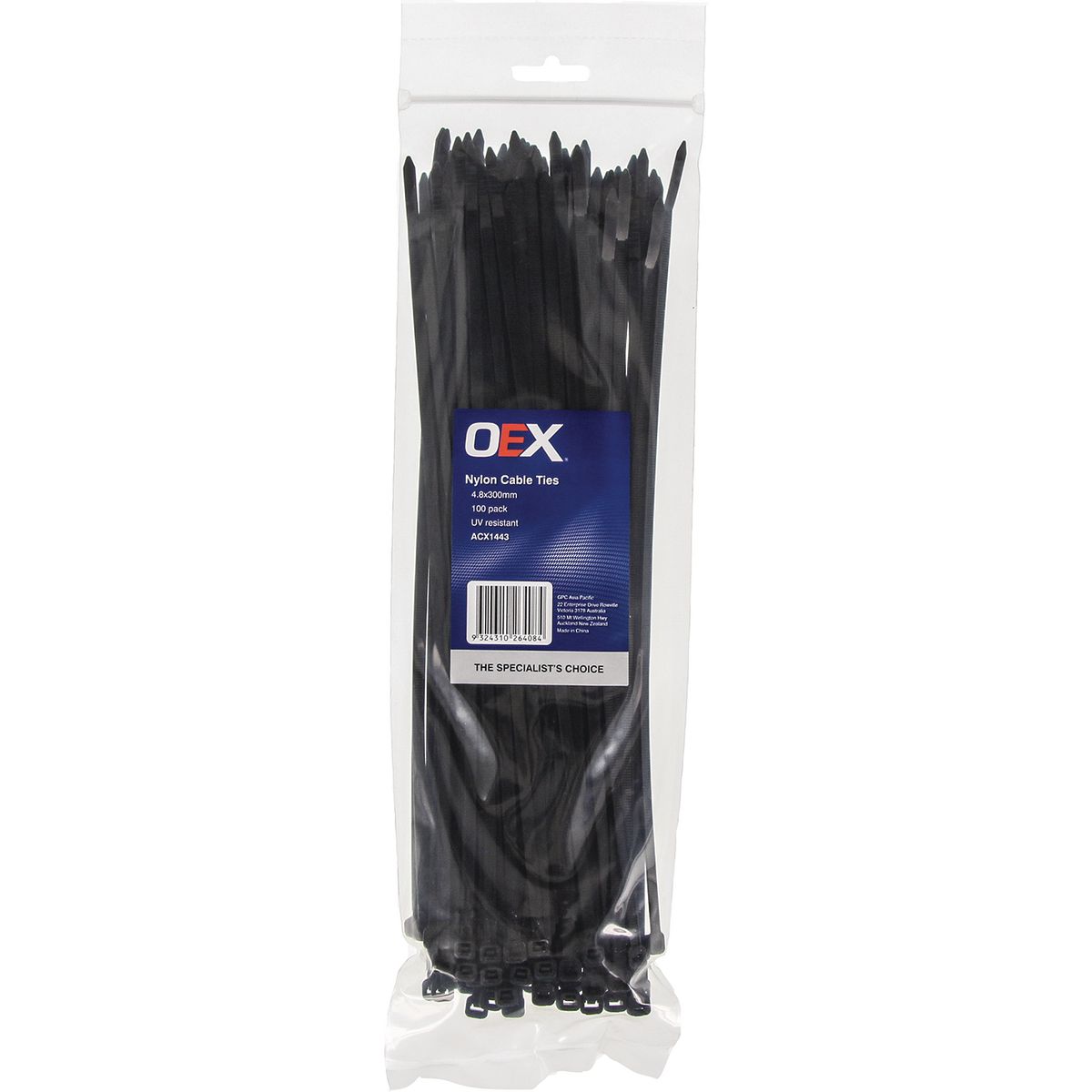 OEX ACX1443 Black Nylon Cable Ties – 300mm Long, 4.8mm Wide – UV-Resistant – 100 Pack