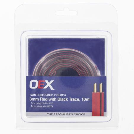 OEX 3mm Twin Core Automotive Cable, Figure 8, Red With Black Trace - 10m Blister Pack
