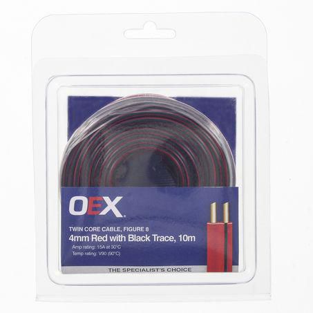 OEX 4mm Twin Core Automotive Cable, Figure 8, Red With Black Trace - 10m Blister Pack
