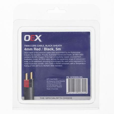 OEX 4mm Twin Core Automotive Cable, Red/Black. With Black Sheath - 5m Blister Pack