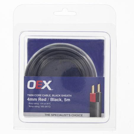 OEX 4mm Twin Core Automotive Cable, Red/Black. With Black Sheath - 5m Blister Pack