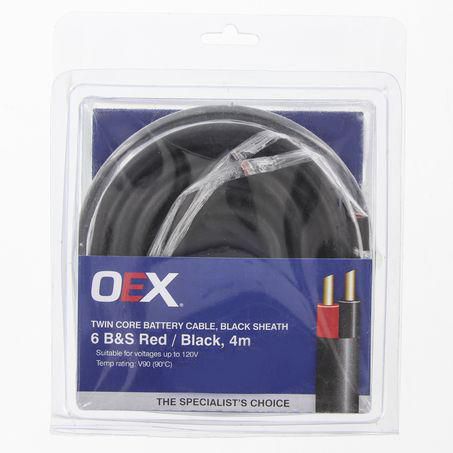 OEX 6 B&S Twin Core Battery Cable, Red / Black With Black Sheath - 4m Blister Pack