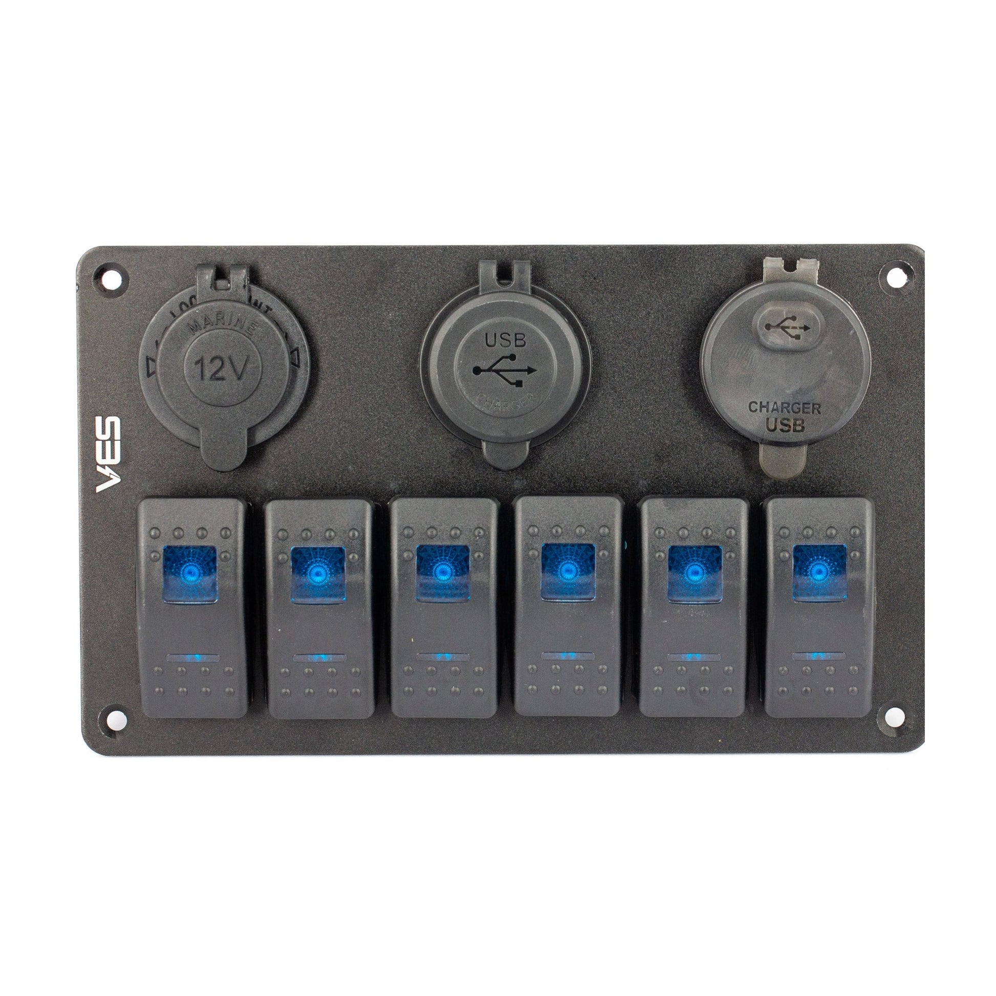6 Gang Blue Rocker Switch Panel with USB, Voltmeter & Marine Socket