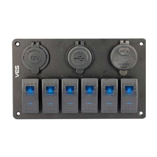 6 Gang Blue Rocker Switch Panel with USB, Voltmeter & Marine Socket