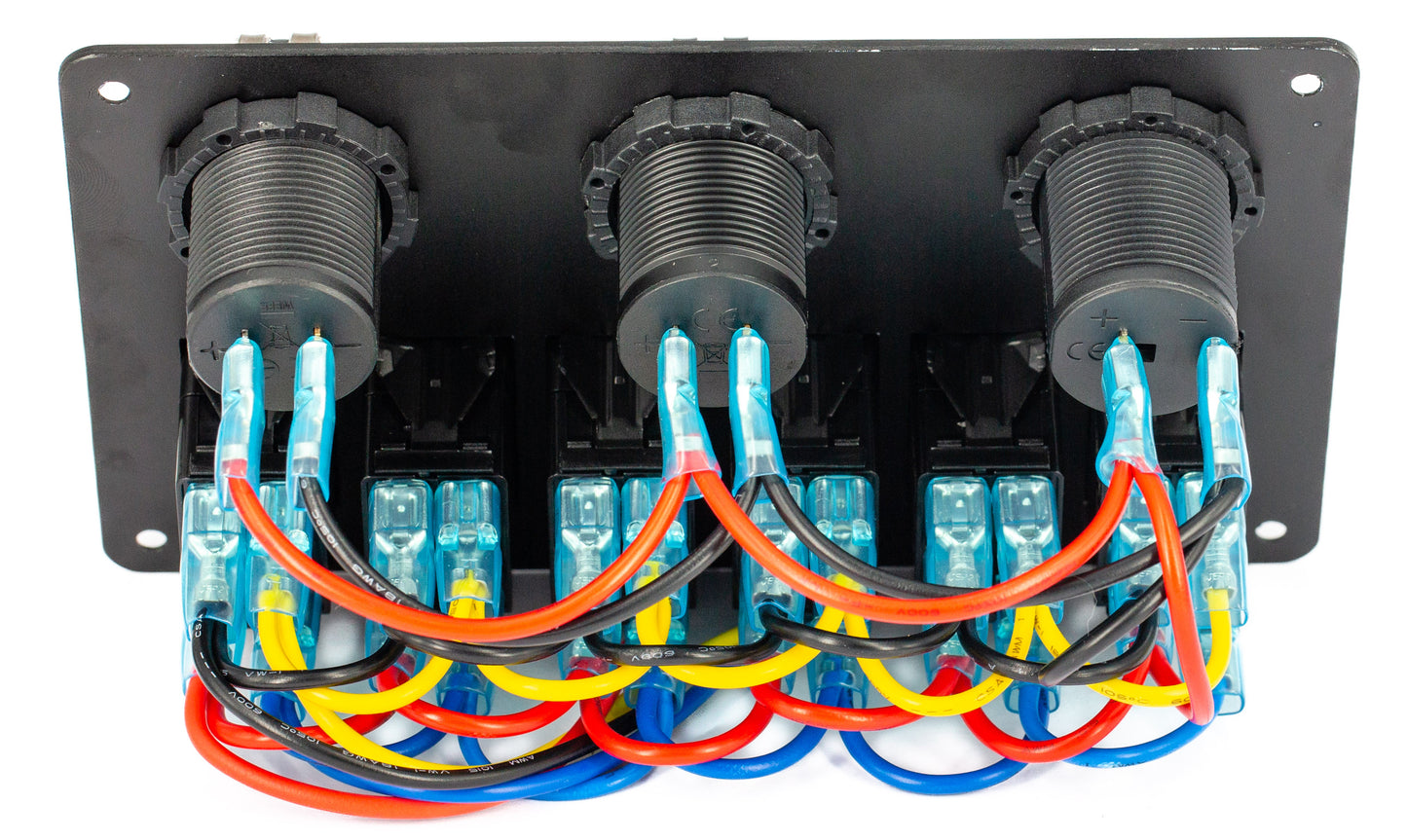Switch Panel - 6 Blue Rocker Switches + Marine Socket + USB X 2 - 2.4amp Outlets + Voltmeter USB Quick Charge on/off switch