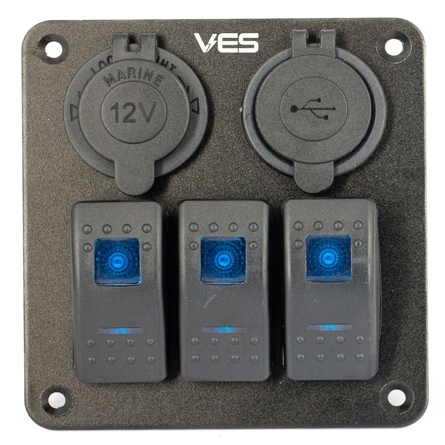 Switch Panel - 3 Blue Rocker Switches + Marine Socket + USB X 2 1amp and 2.4 amp Outlets