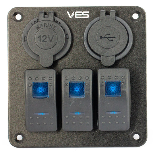Switch Panel - 3 Blue Rocker Switches + Marine Socket + USB X 2 1amp and 2.4 amp Outlets