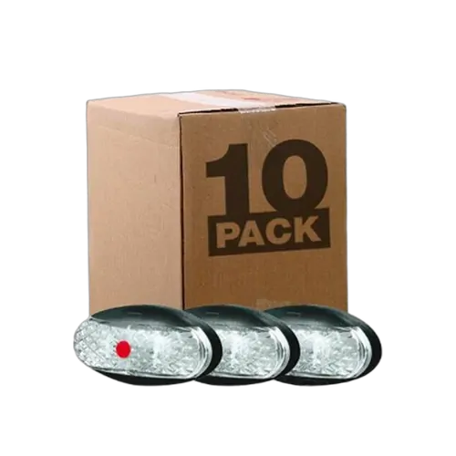 Pack of 10 Roadvision 10-30V Oval LED Red Marker Lamps featuring clear polycarbonate lenses and black ABS bases.
