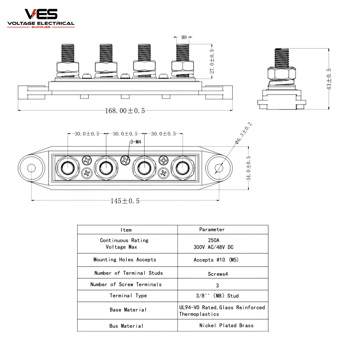 4 Way Distribution Block Negative 8MM Studs 250AMP Rated