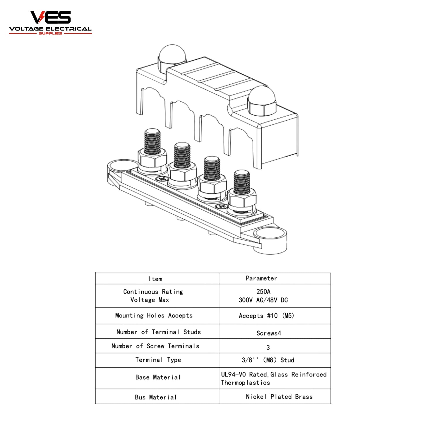 4 Way Distribution Block Negative 8MM Studs 250AMP Rated