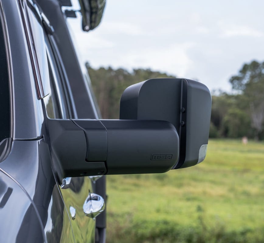 MSA 4x4 Power Fold Towing Mirrors for Toyota LandCruiser 200 Series, black finish with indicators and blind spot monitoring.