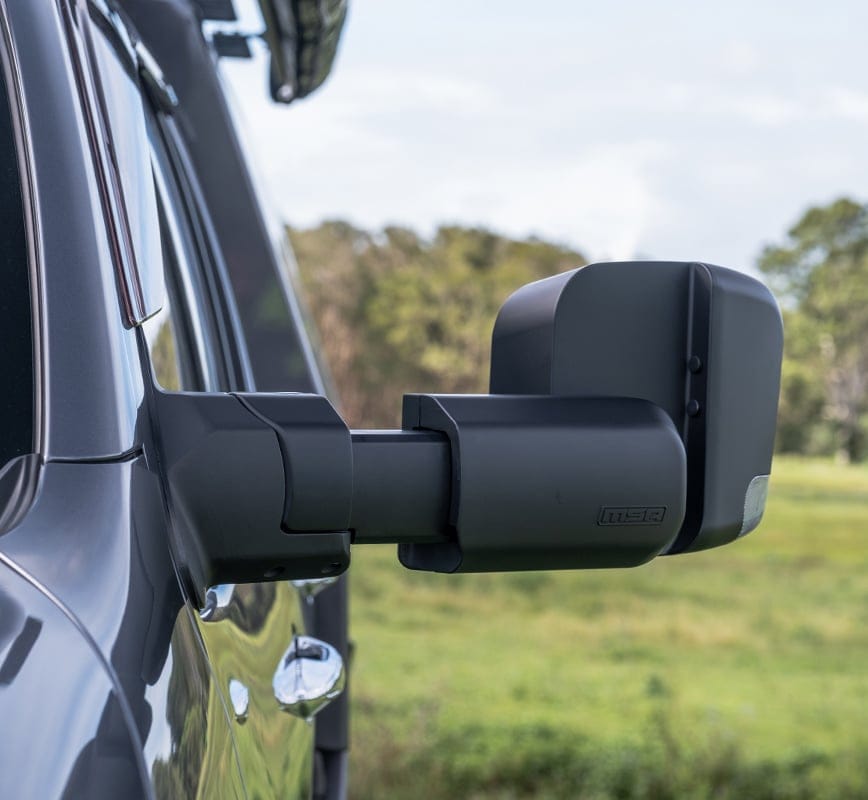 MSA 4x4 Power Fold Towing Mirrors for Toyota LandCruiser 200 Series, black finish with indicators and blind spot monitoring.