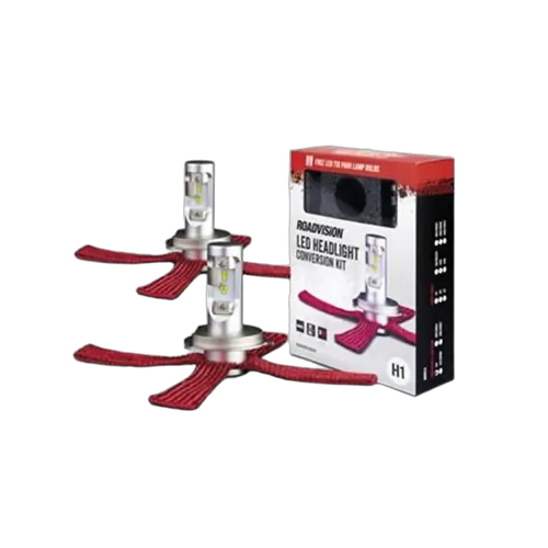 Roadvision H1 LED Headlight Conversion Kit showing two 6000K LED bulbs and a bonus pair of T10 parkers.