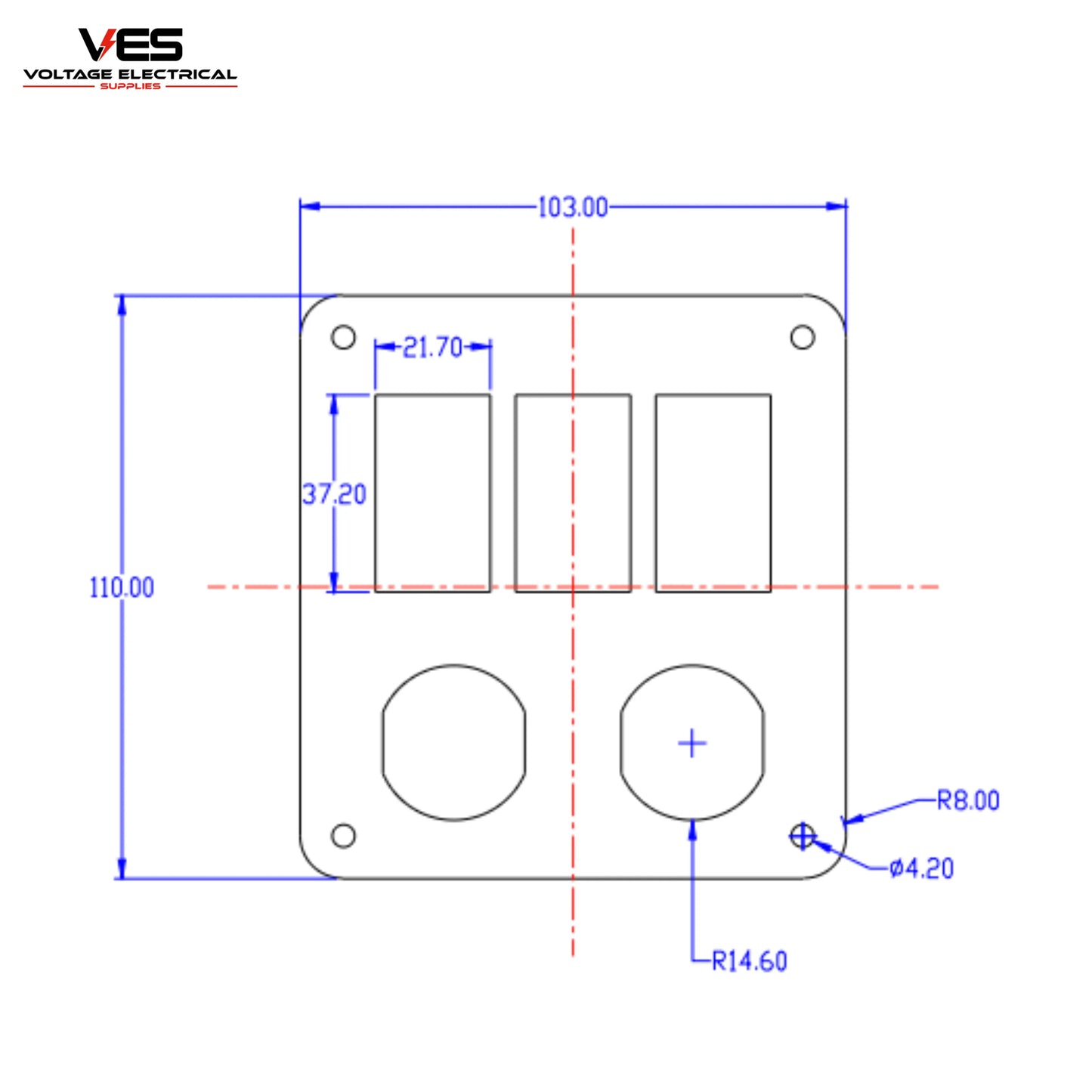 Switch Panel - 3 Blue Rocker Switches + Marine Socket + USB X 2 1amp and 2.4 amp Outlets