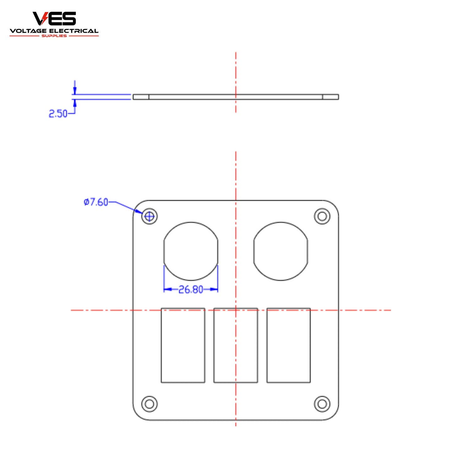Switch Panel - 3 Blue Rocker Switches + Marine Socket + USB X 2 1amp and 2.4 amp Outlets