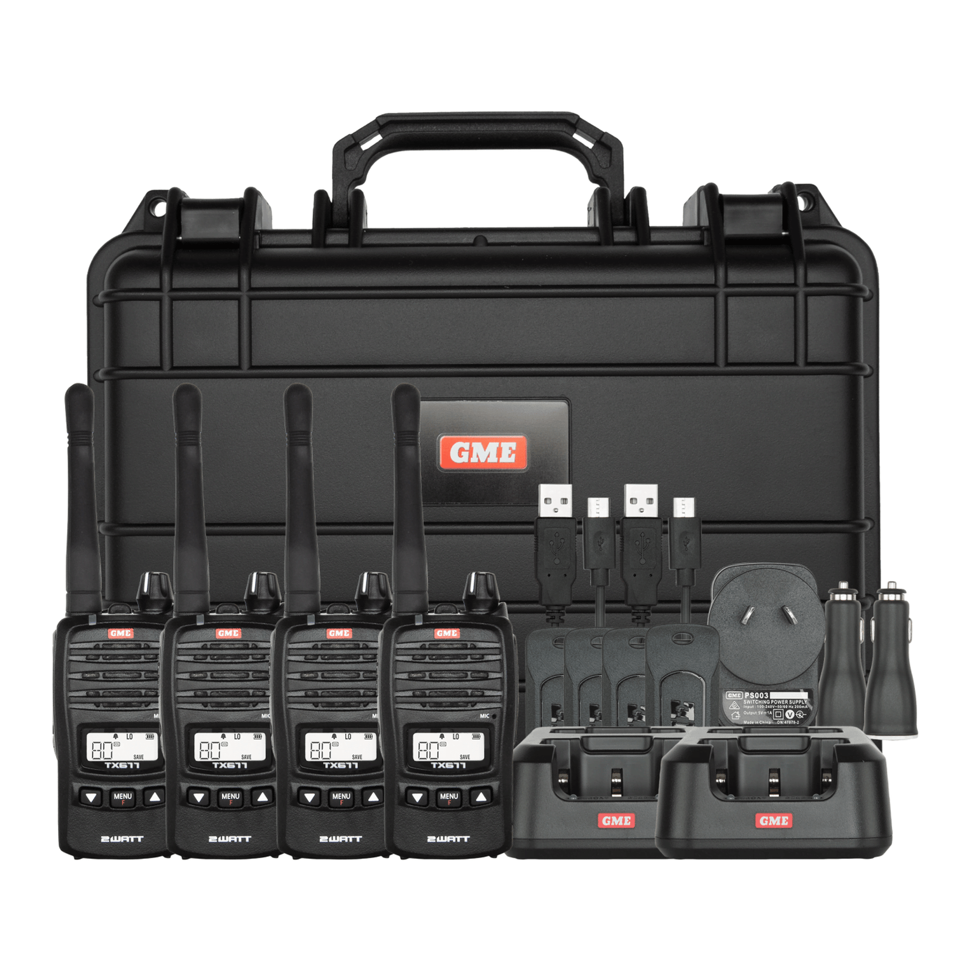 GME TX677QP Quad Pack – 4x 2W UHF CB Radios, USB Charging & Heavy-Duty Case