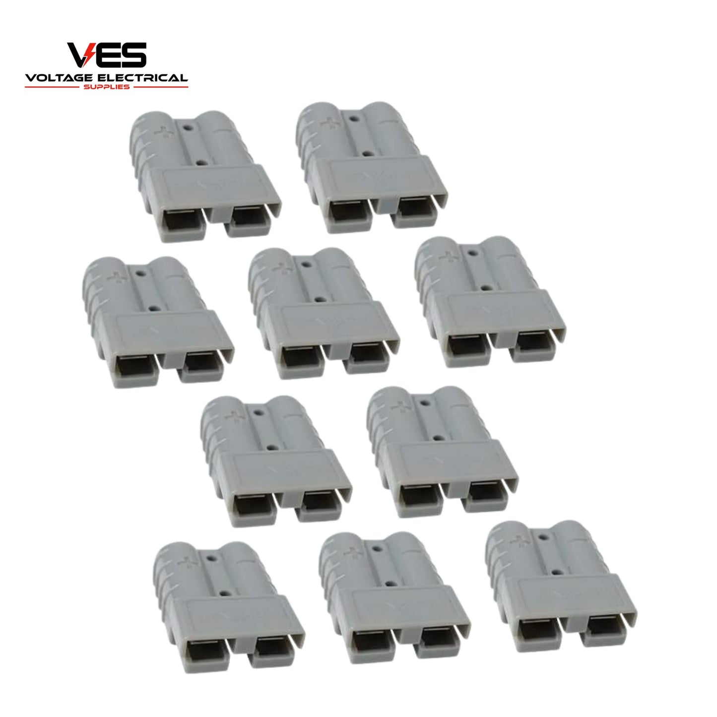 Pack of 10 VES Grey 50 Amp Anderson style connector housings, plastic shells only, for 12V dual battery and 4WD setups.