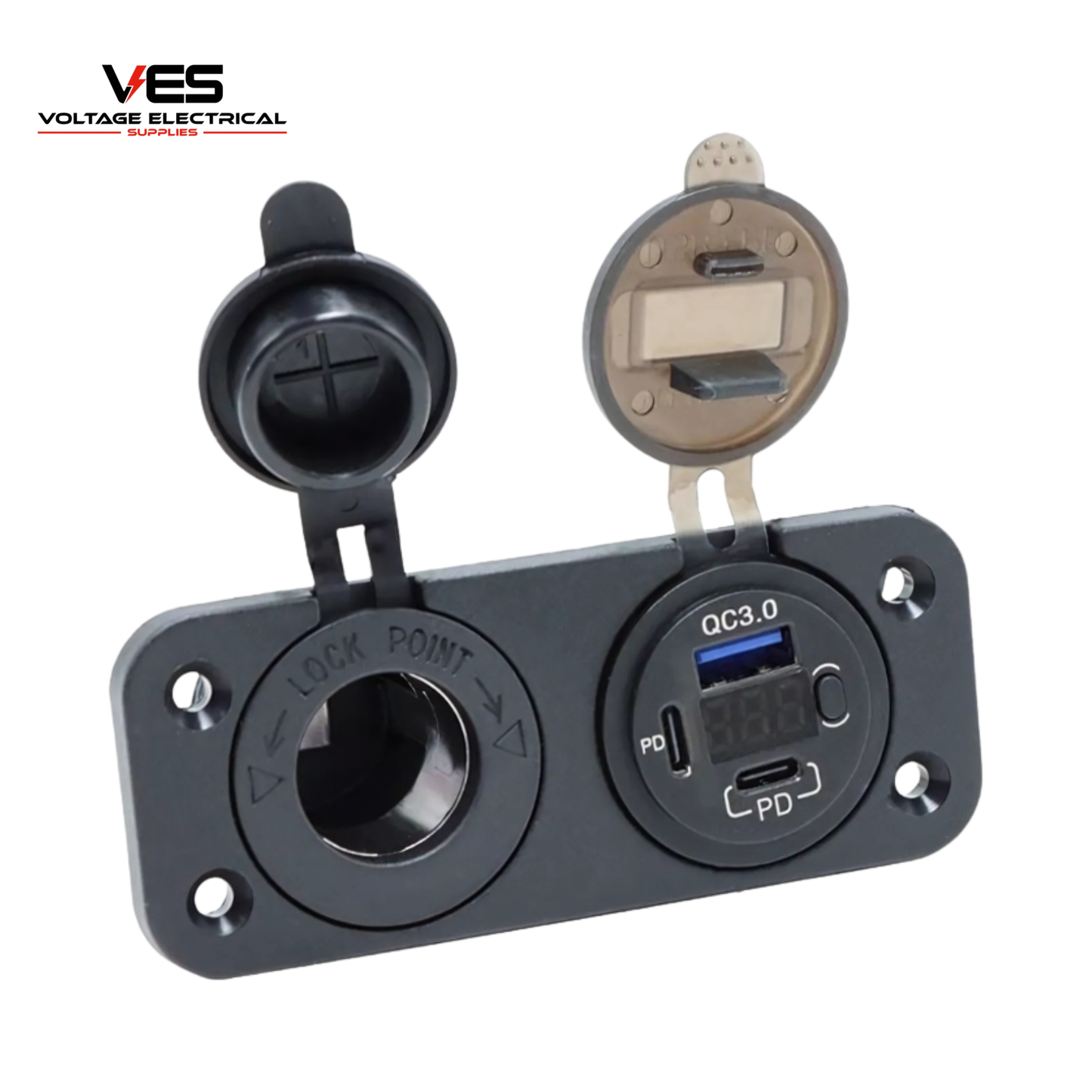 Front view of flush mount 12V panel with cigarette socket, blue USB-A QC 3.0 port, USB-C PD port, and digital LED voltmeter.