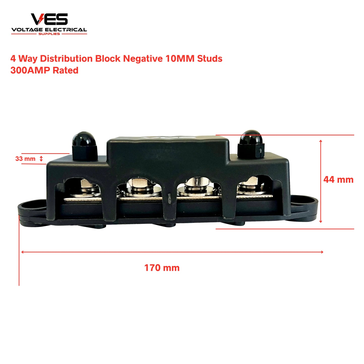 4 Way Distribution Block Negative 10MM Studs 300AMP Rated
