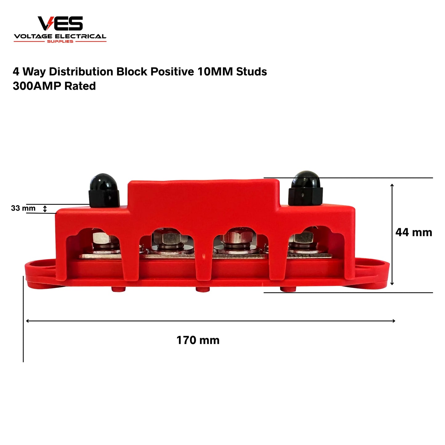 4 Way Distribution Block Positive 10MM Studs 300AMP Rated