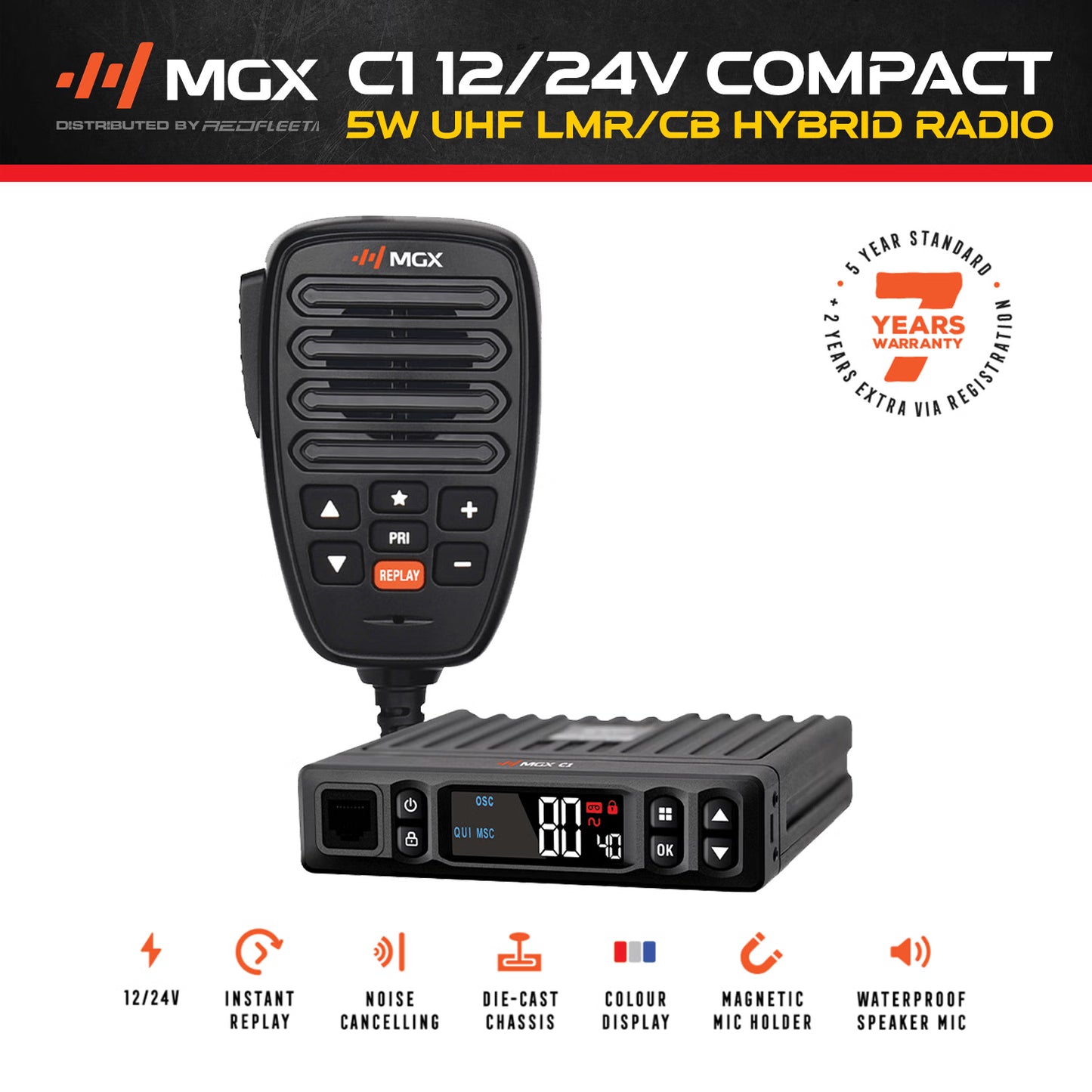 MGX C1 SUPER COMPACT 12/24V UHF/LMR HYBRID CB IN-VEHICLE RADIO