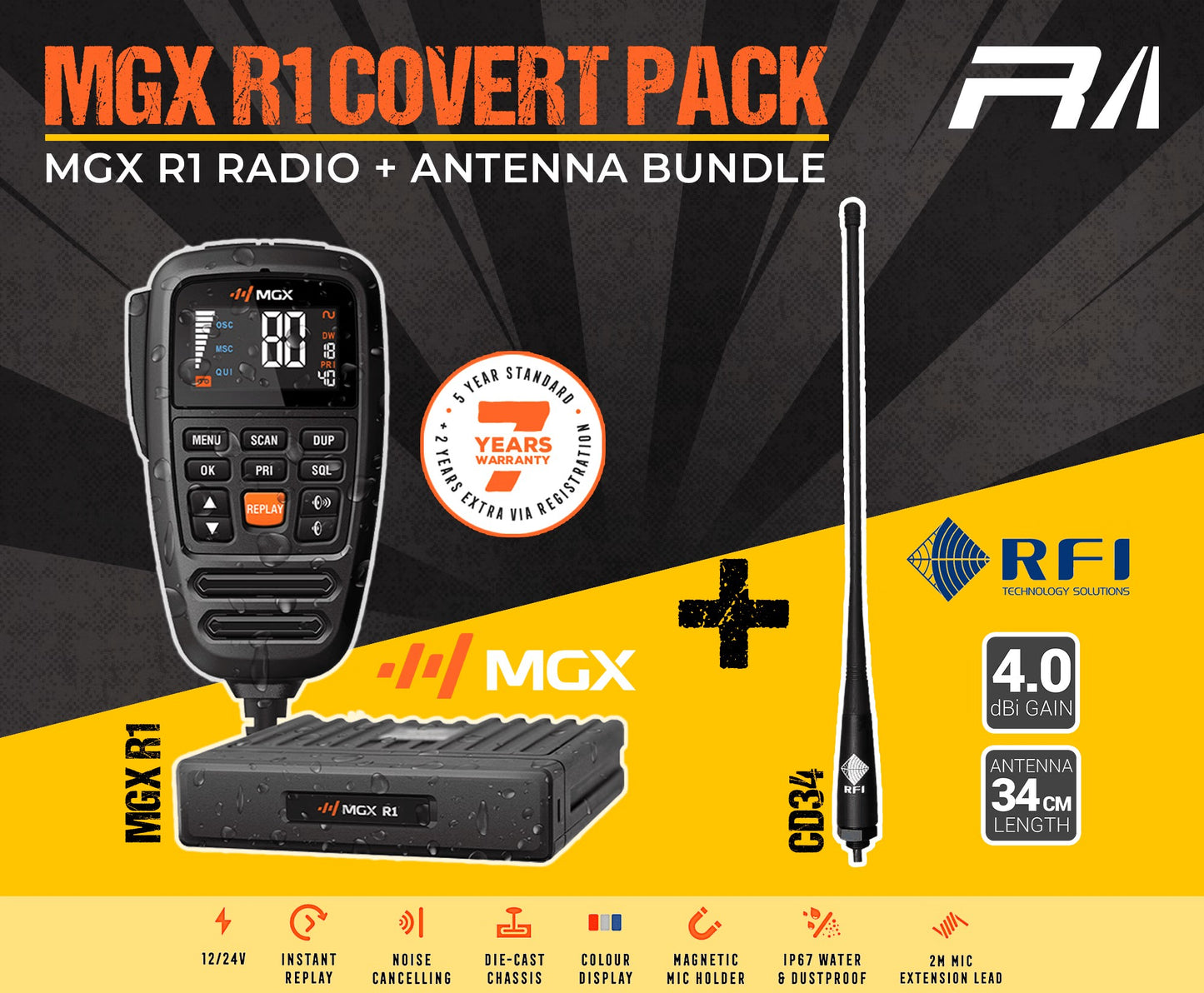 MGX R1 IP67 REMOTE MIC 12/24V UHF/LMR HYBRID CB IN-VEHICLE RADIO