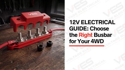 An image of a red busbar with a text "12V ELECTRICAL GUIDE Choose the Right Busbar for Your 4WD"