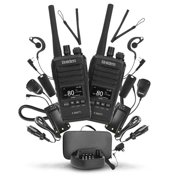 Uniden UH755-2DLX 5 Watt UHF CB Splashproof Handheld Radio – Deluxe Pack
