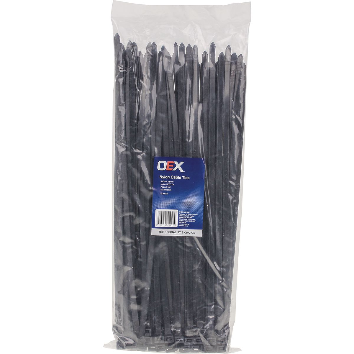 OEX ACX1321 Black Nylon Cable Ties – 7.6mm Wide, 370mm Long – UV-Resistant – 100 Pack