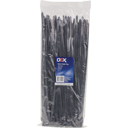 OEX ACX1321 Black Nylon Cable Ties – 7.6mm Wide, 370mm Long – UV-Resistant – 100 Pack