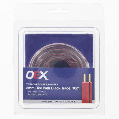 OEX 3mm Twin Core Automotive Cable, Figure 8, Red With Black Trace - 10m Blister Pack