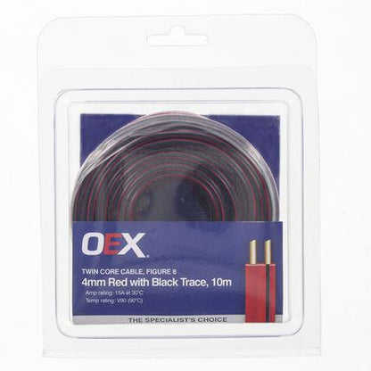 OEX 4mm Twin Core Automotive Cable, Figure 8, Red With Black Trace - 10m Blister Pack