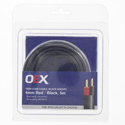 OEX 4mm Twin Core Automotive Cable, Red/Black. With Black Sheath - 5m Blister Pack