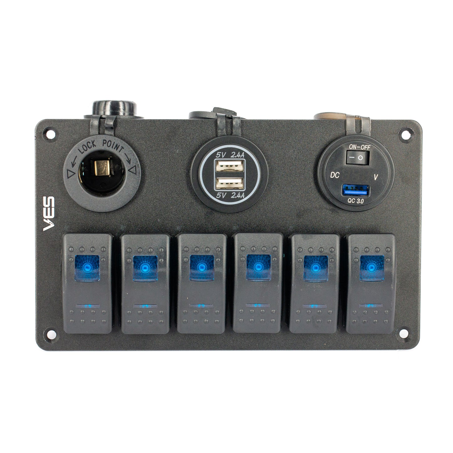 Switch Panel - 6 Blue Rocker Switches + Marine Socket + USB X 2 - 2.4amp Outlets + Voltmeter USB Quick Charge on/off switch