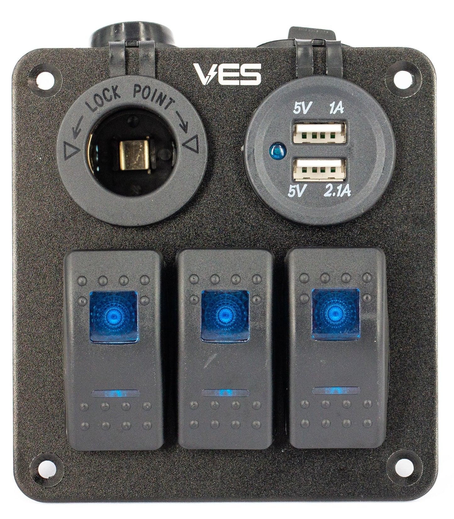 Switch Panel - 3 Blue Rocker Switches + Marine Socket + USB X 2 1amp and 2.4 amp Outlets