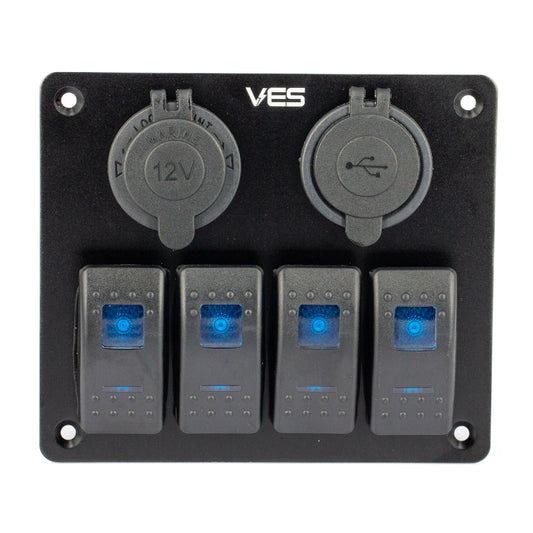 Switch Panel - 4 Blue Rocker Switches + Marine Socket + USB X 2 1amp and 2.4 amp Outlets