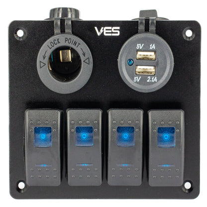 Switch Panel - 4 Blue Rocker Switches + Marine Socket + USB X 2 1amp and 2.4 amp Outlets