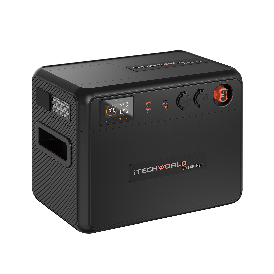 Front view of iTechworld GoFurther Battery Box showing the digital display of the iTECHBM500 monitor and various 12V output ports.