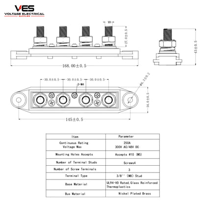4 Way Distribution Block Negative 8MM Studs 250AMP Rated