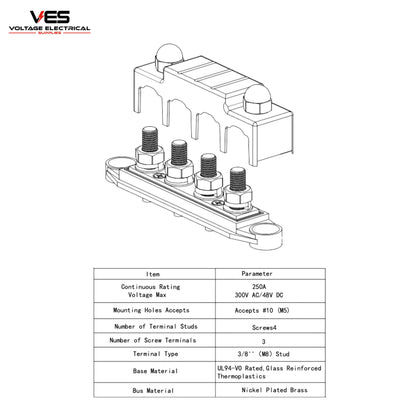 4 Way Distribution Block Negative 8MM Studs 250AMP Rated