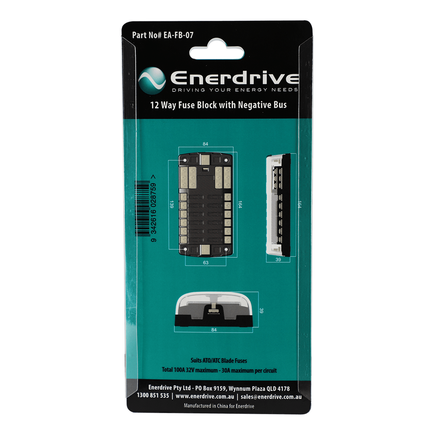 Enerdrive Fuse Block 12 Circuit with Negative Bus and Cover