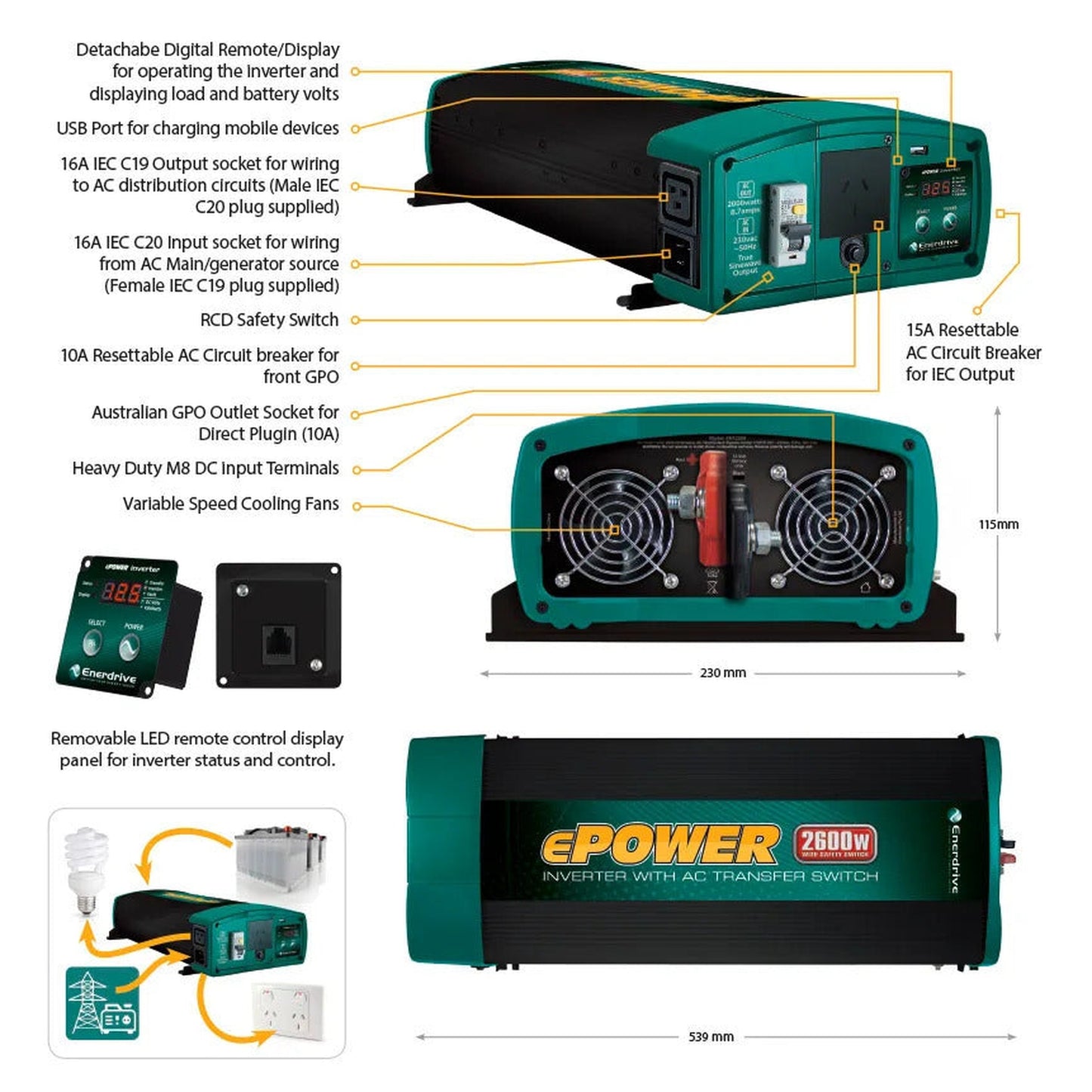 Enerdrive ePOWER 2000W 24V Pure Sine Wave Inverter with RCD & AC Transfer Switch