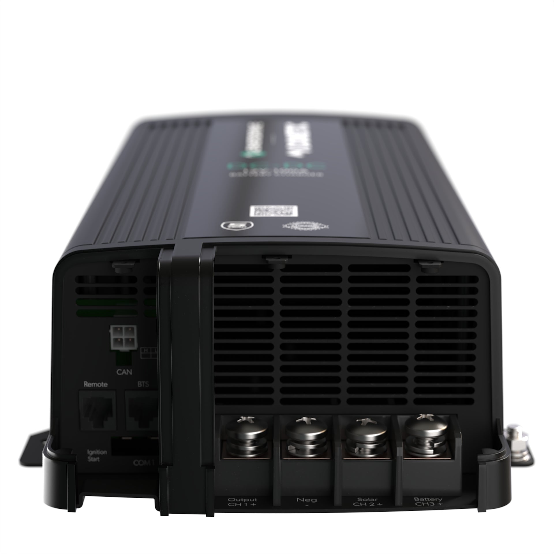 Close-up of Enerdrive 100A charger dual input terminals and active cooling fan assembly.