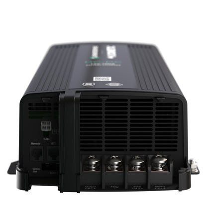 Close-up of Enerdrive 100A charger dual input terminals and active cooling fan assembly.
