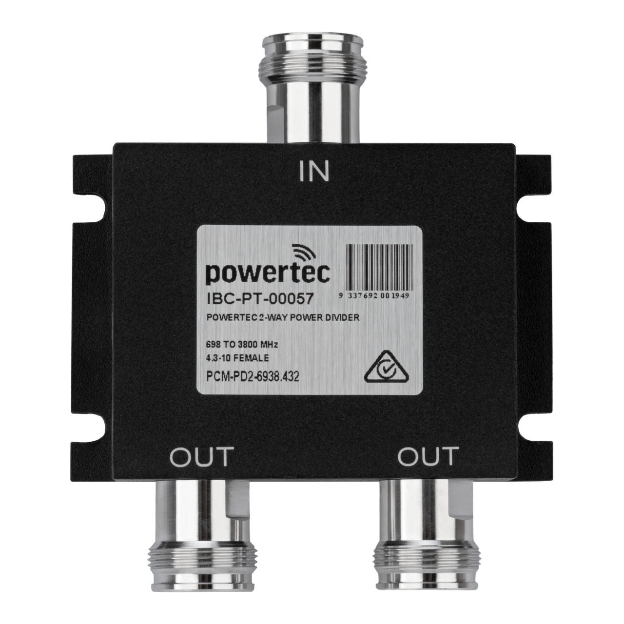 Powertec RF Power Divider 2-Way, 698 to 3800 MHz, 4.3-10 Female, Wilkinson