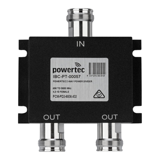 Powertec RF Power Divider 2-Way, 698 to 3800 MHz, 4.3-10 Female, Wilkinson